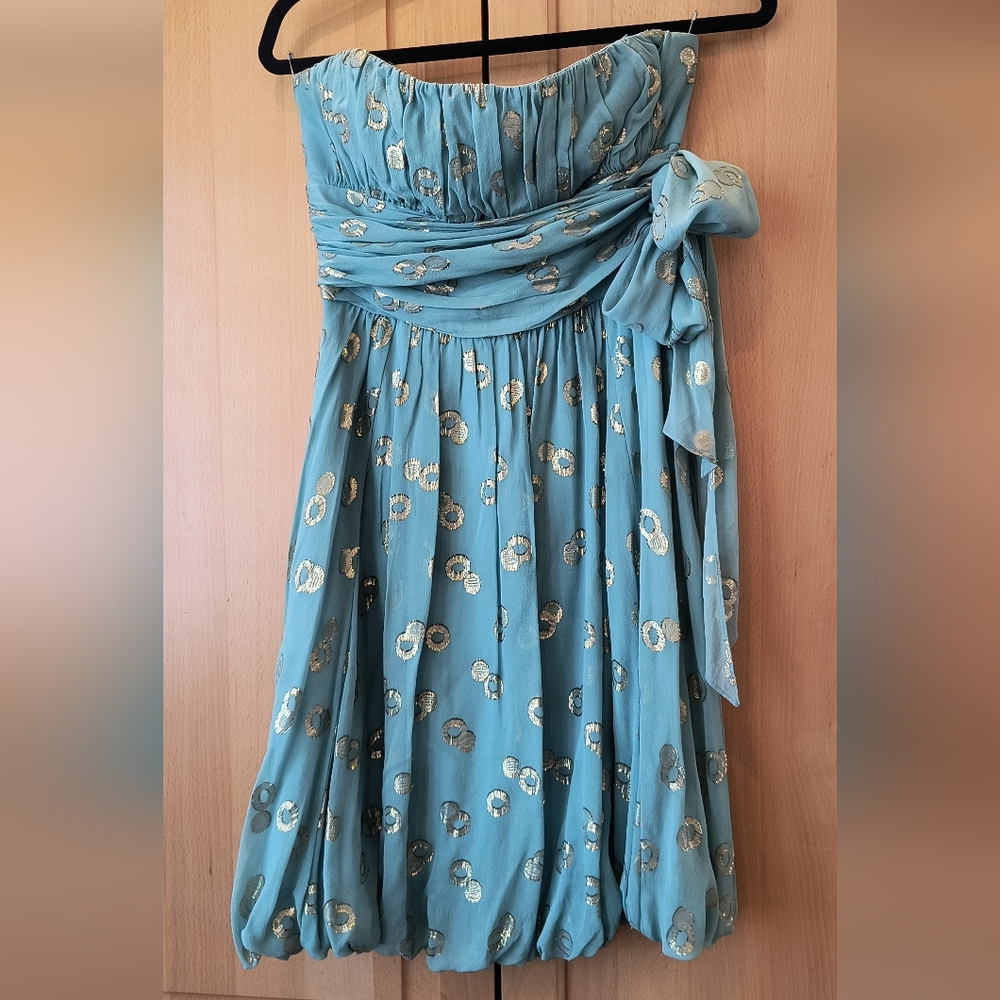 BCBG MaxAzria Seafoam and Gold Strapless Silk Dress